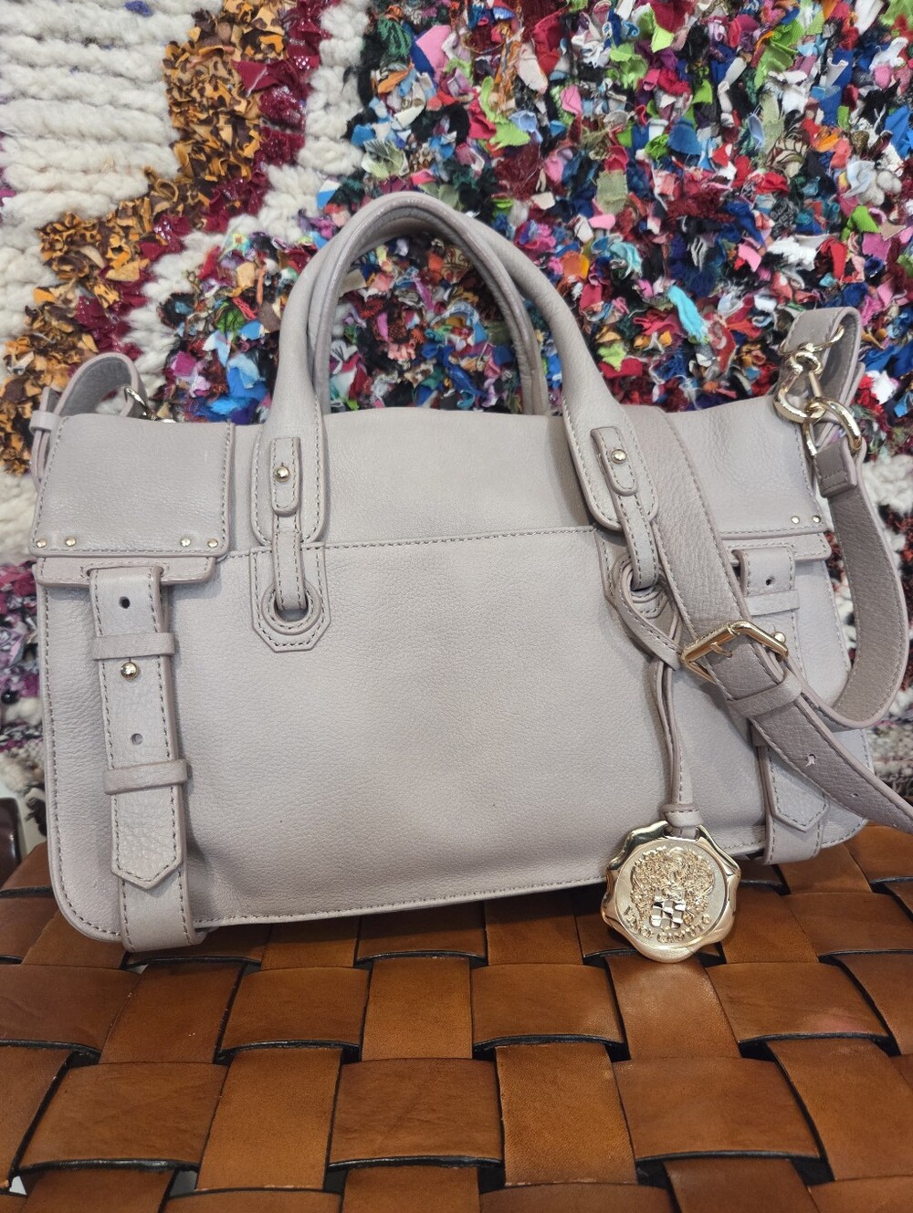 Leather Satchel Handbag in Light Taupe